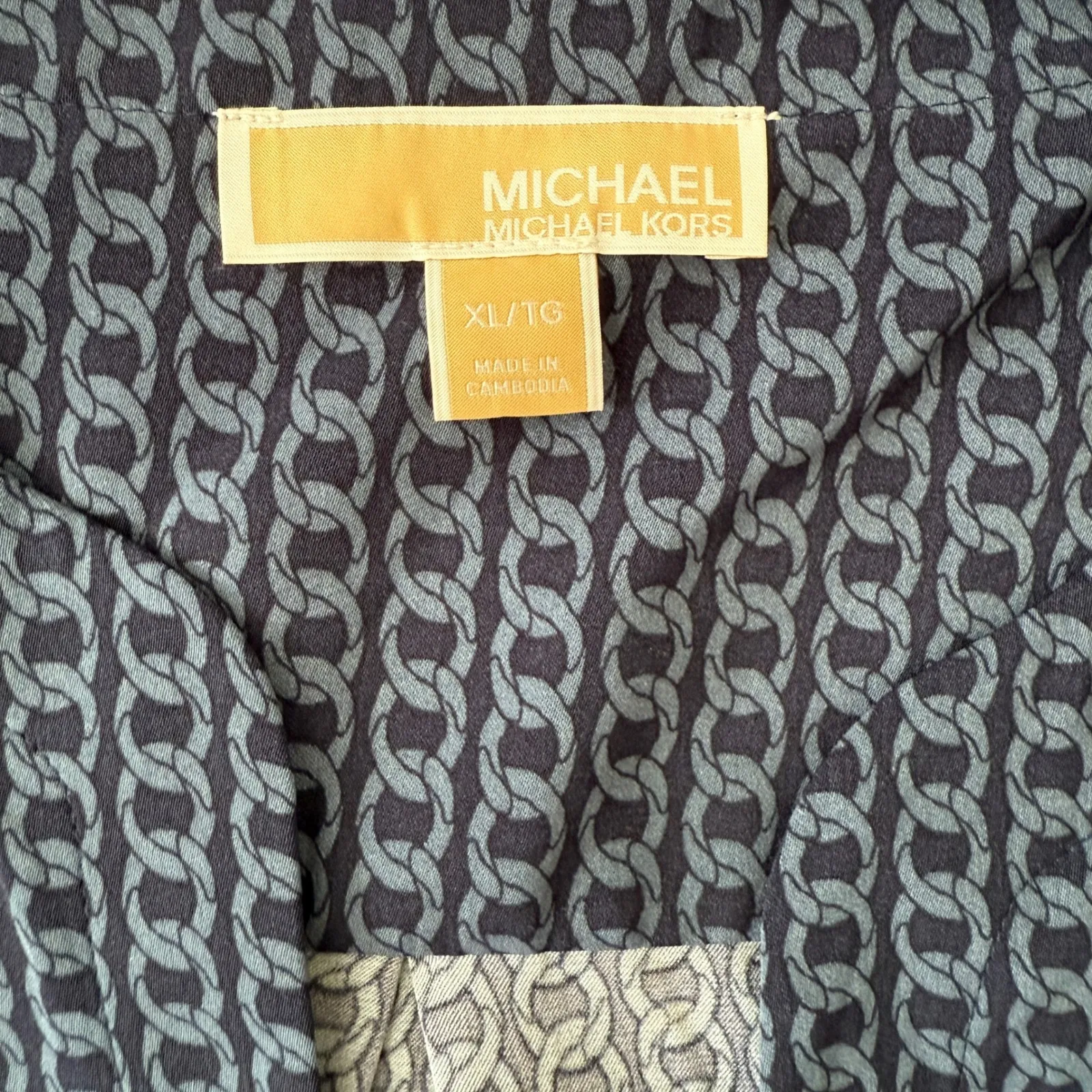 MICHAEL KORS Women's XL TG Blue Chain Print Tie Sleeve V Neck Blouse Top - Image 4