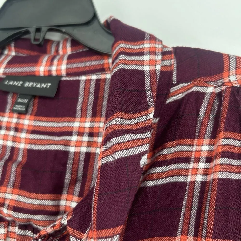 Lane Bryant No Peek Plaid Button Up Shirt Elastic Waist Maroon Size 30/32 - Image 5