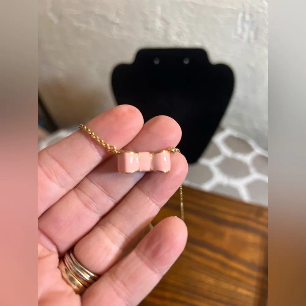 Kate Spade Pink and Gold Bow Necklace gold tone with pink enamel bow feminine - Image 7