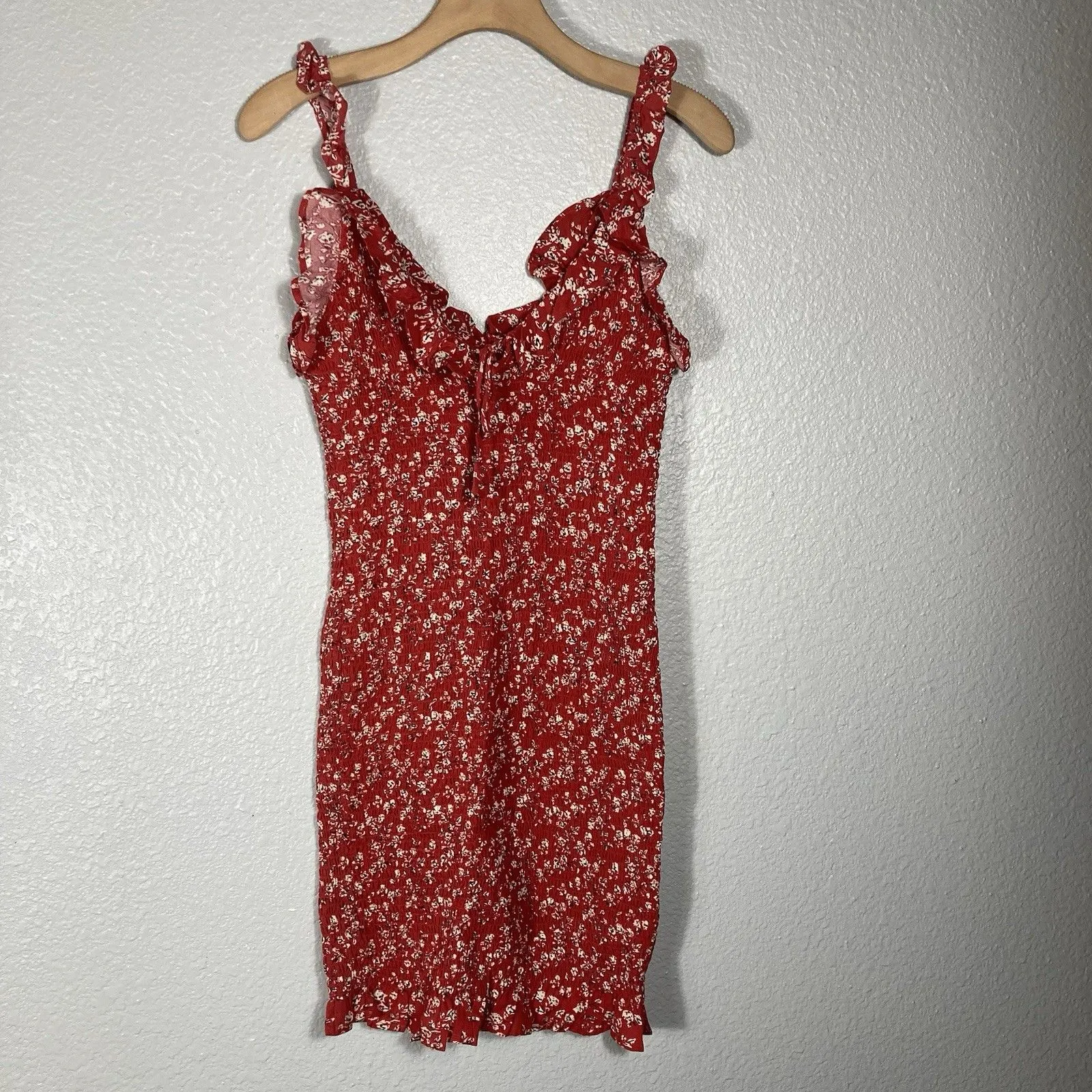 Y2K Smocked Mini Sun Dress XS Ruffle Strap Bodycon Red Cottage Boho Country - Image 2