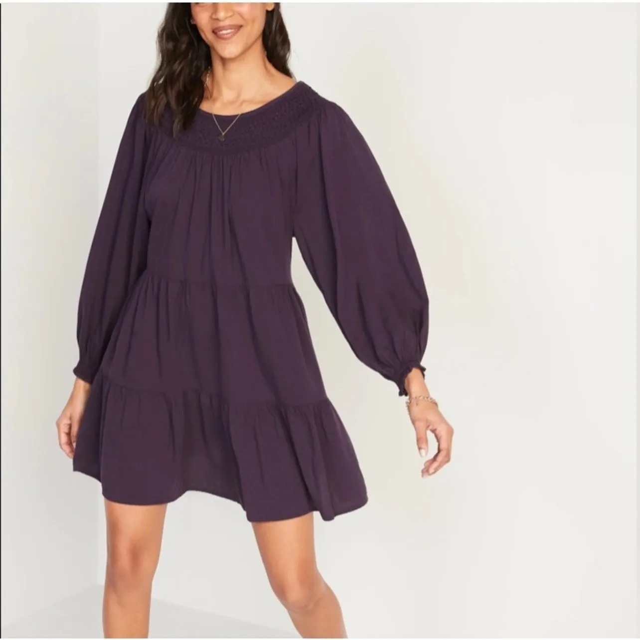 Old Navy Purple Smocked Tiered Mini Dress Women’s S Long Sleeve‎ Boho - Image 6