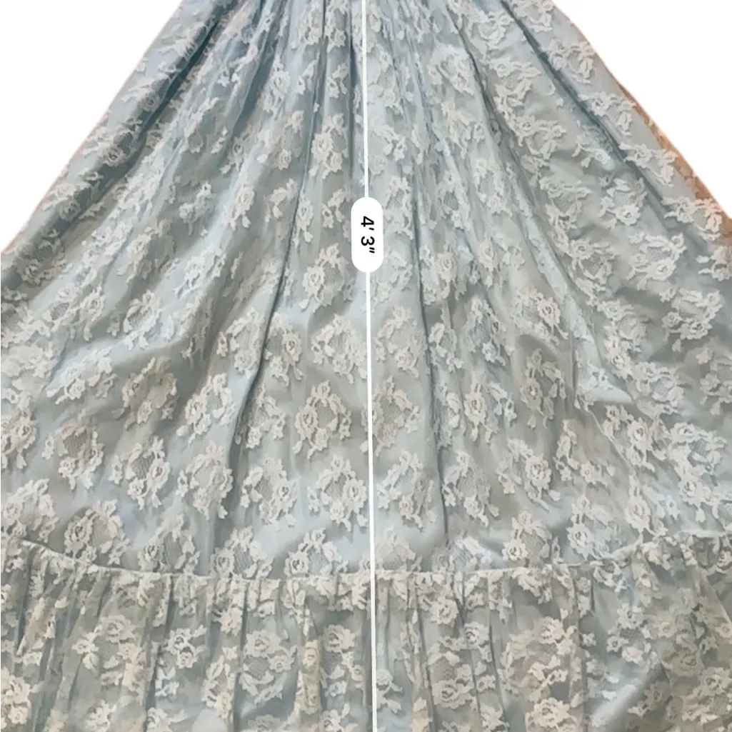 Vtg 70s White Lace Overlay Blue Satin Sleeveless Handmade “Gunne Style” Maxi XS - Image 14