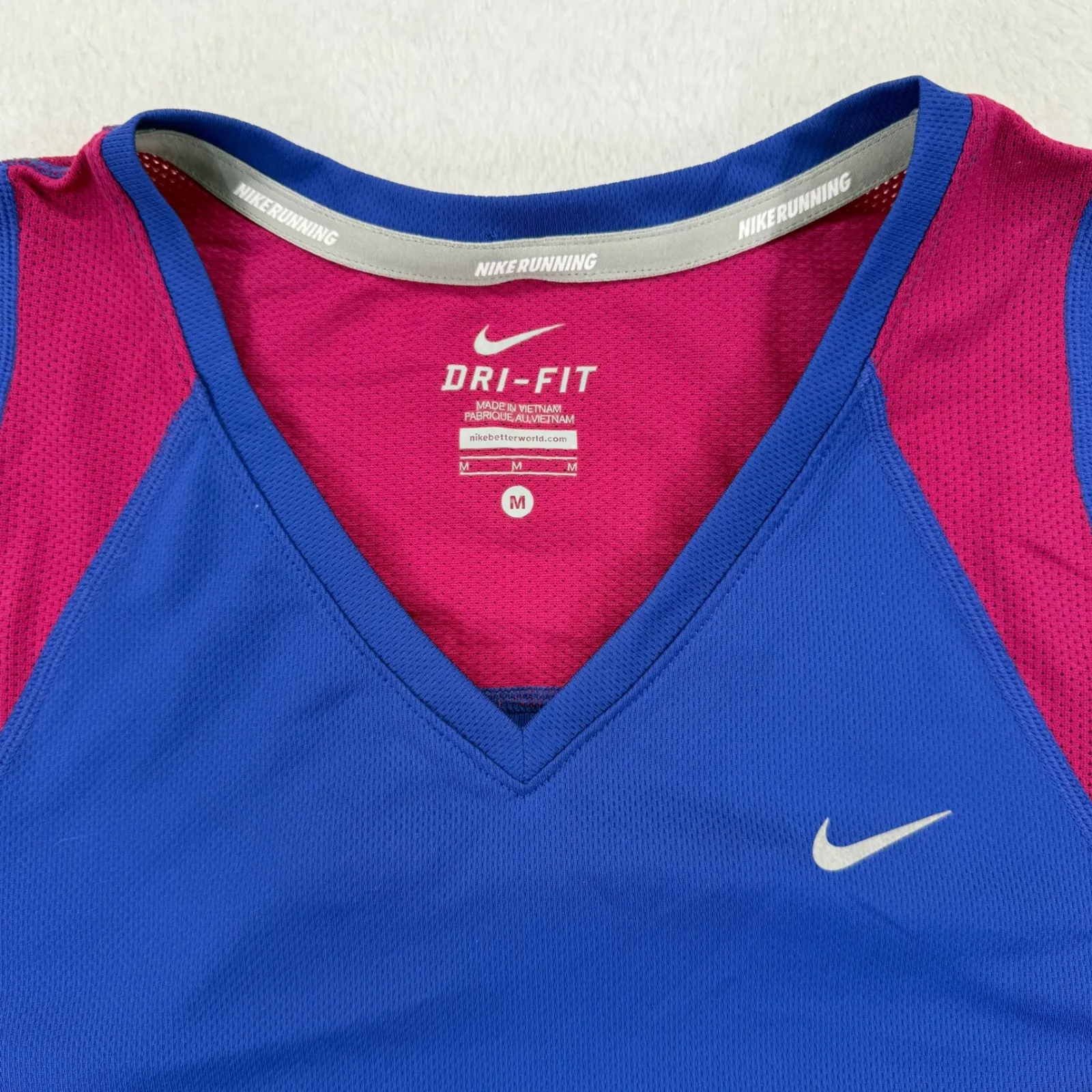 Nike Running Dri-Fit V Neck Long Sleeve Top Womens Medium Blue‎ Pink Athletic - Image 4