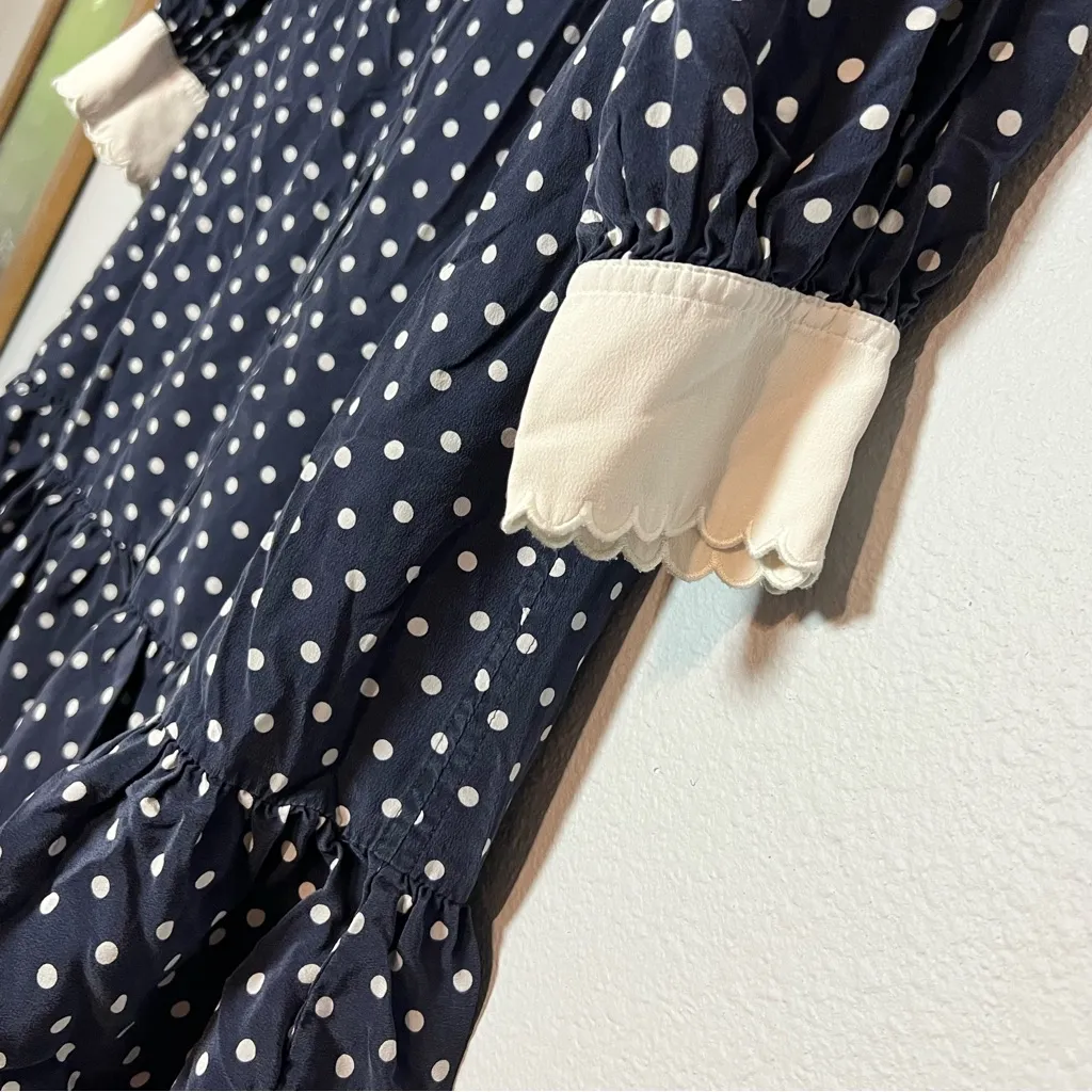 Tory Burch Cora Navy Blue Polka Dot Mini Dress Cream Scalloped Cuff Silk Size 4 - Image 10