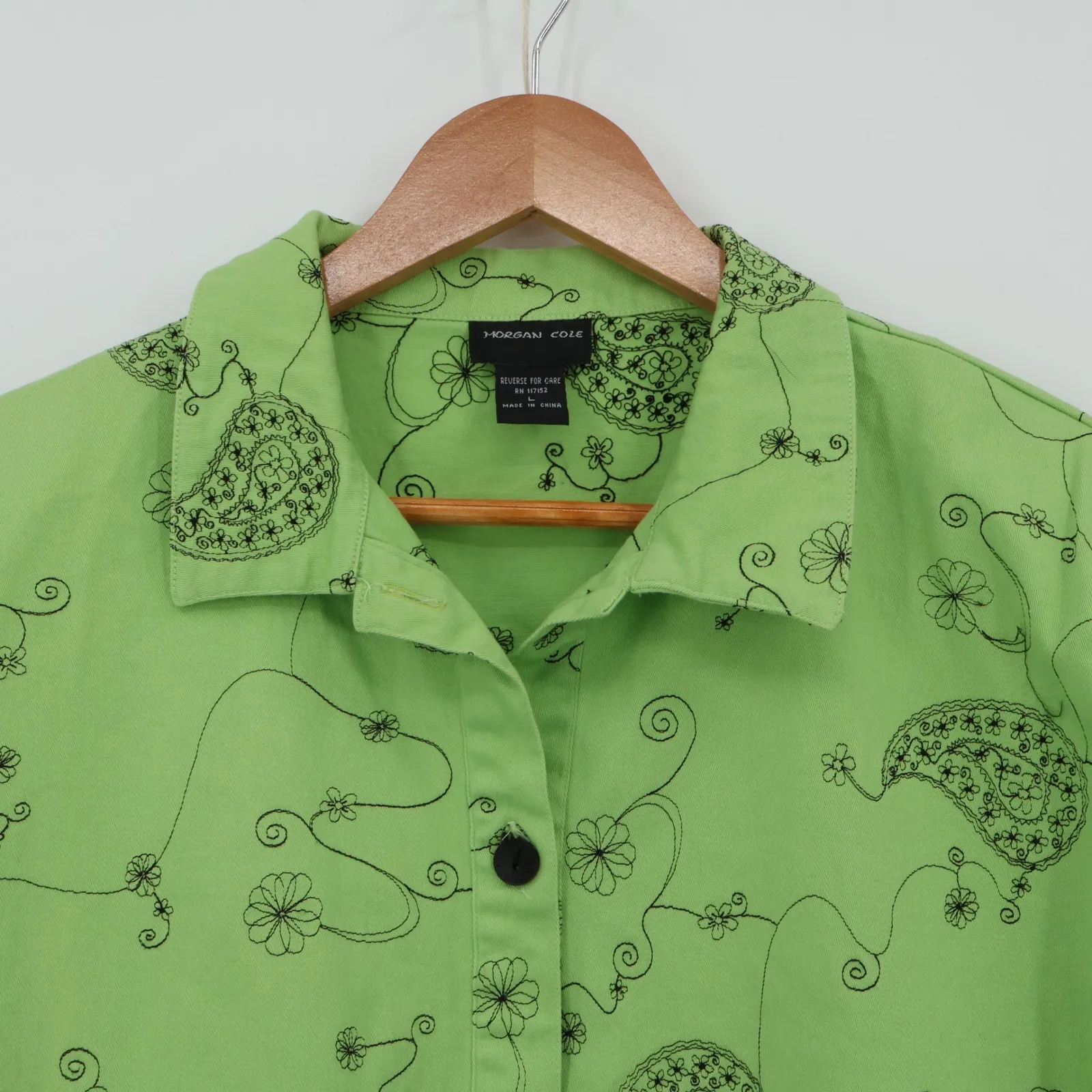 Embroidered Paisley Floral Button Front Shacket Womens Green 3/4 Sleeve Size L Size L - Image 2