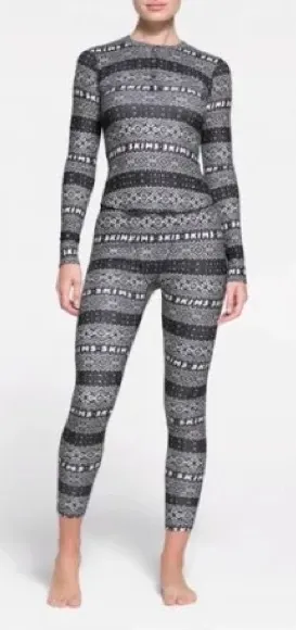 SKIMS SET Logo Plush Pointelle Henley Holiday Pajama SET Black/White Onyx XS/S - Image 1