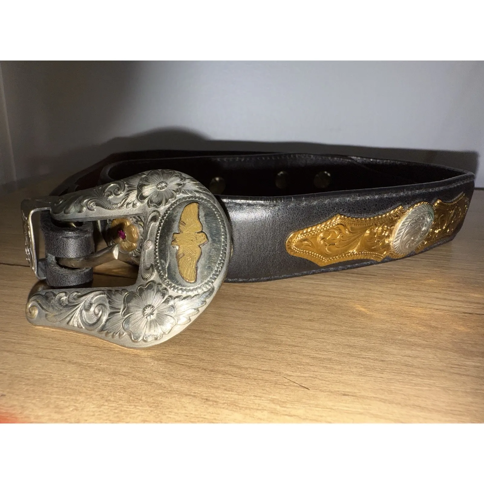 Western Cowgirl Black Leather Belt Concho Heart German Silver Big‎ Al's 38" Boho - Image 4