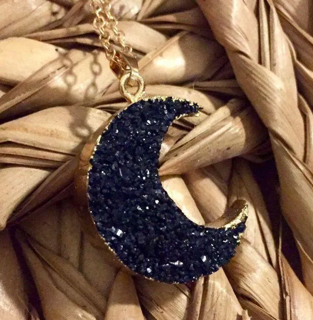 Crescent Moon Druzy Necklace Pendant Dainty New Goth Witch Halloween Astrology Black - Image 2