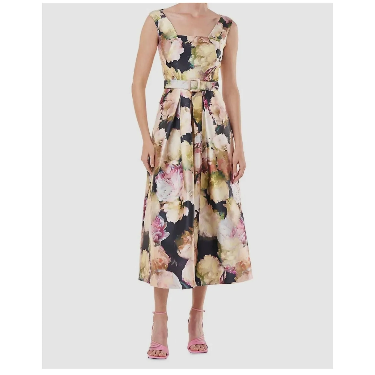 Kay Unger Perry Tea Length Portrait Neck Floral A-Line Cocktail Party Dress 8 - Image 2