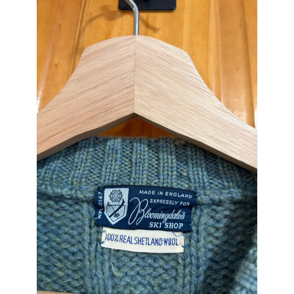 Vintage Bloomingdale’s Ski Shop Shetland Wool Cable Knit Sweater England Made Green Size M - Image 3
