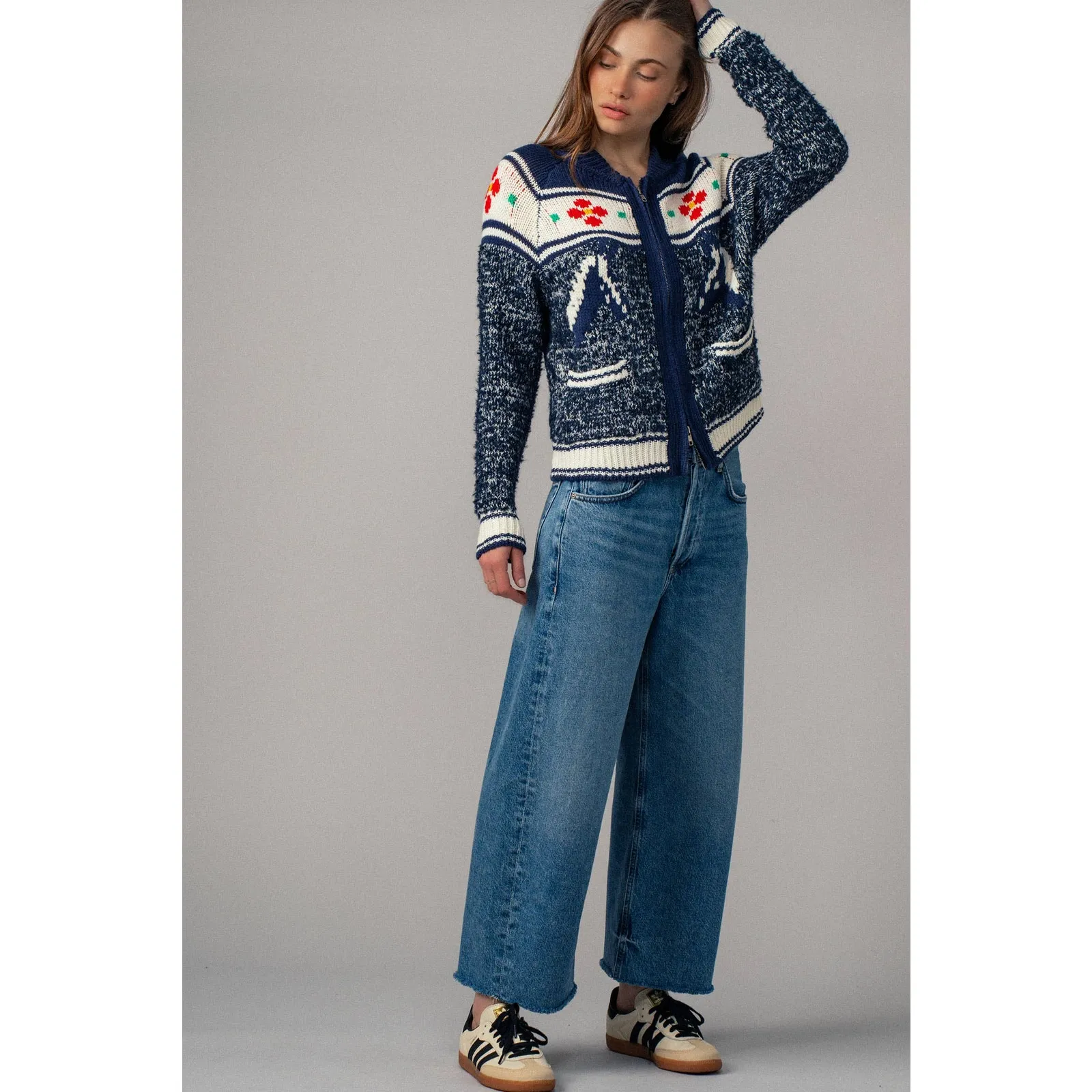 Urban Daizy Floral Yoke Zip-Up Knit Cardigan - Image 9