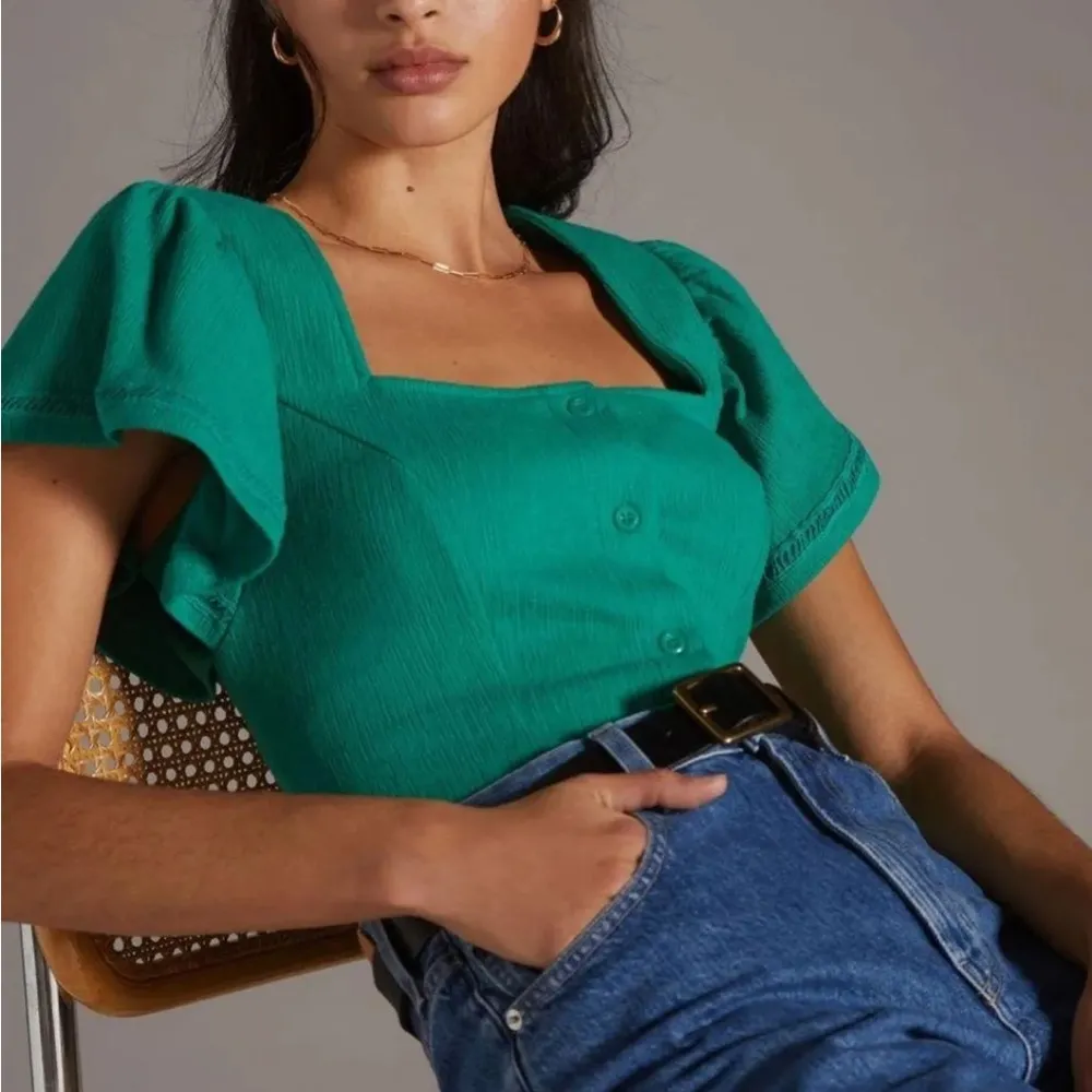 Anthropologie Dolan Green Left Coast Structured Flutter Top Small - Image 2