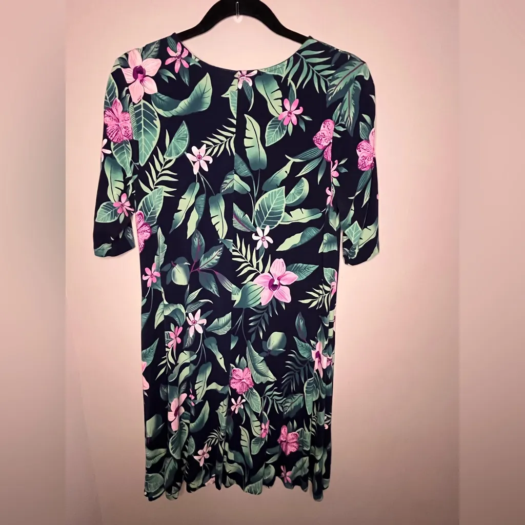 Old Navy Tropical Floral Knot Swing Dress Navy Blue Pink Green Women’s Size M - Image 2