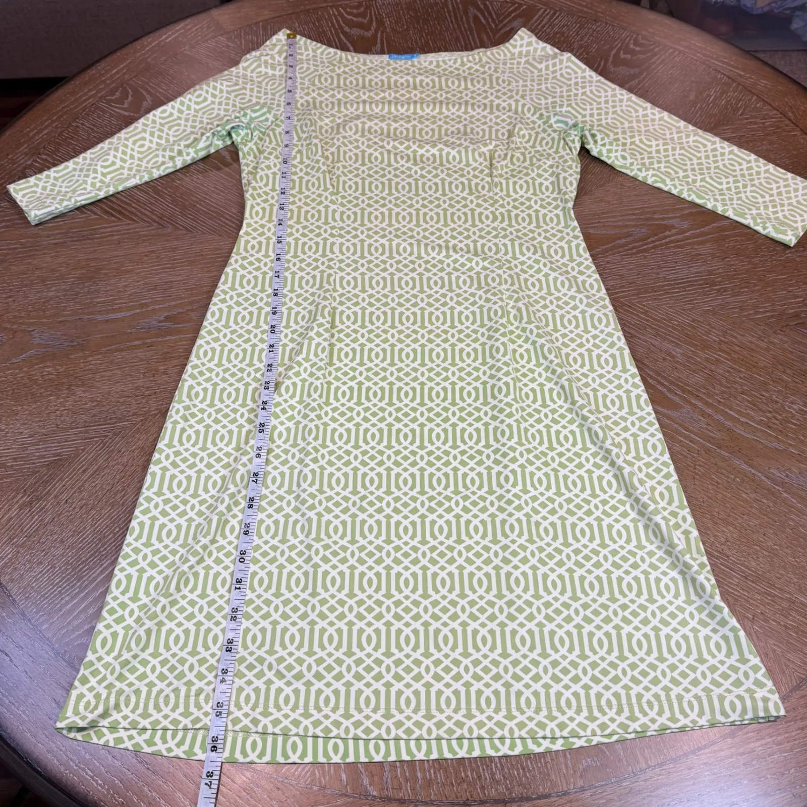 J McLaughlin Boatneck Geometric Dress Catalina Cloth Green White Size Small - Image 9