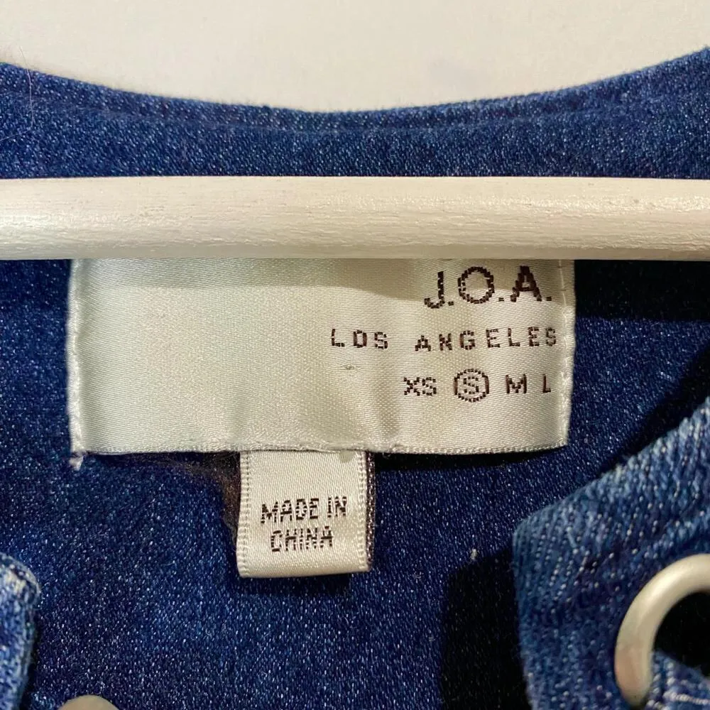 JOA Women's Lace-Up Neckline Fringe Mini Dress Blue Denim Size Small EUC - Image 4