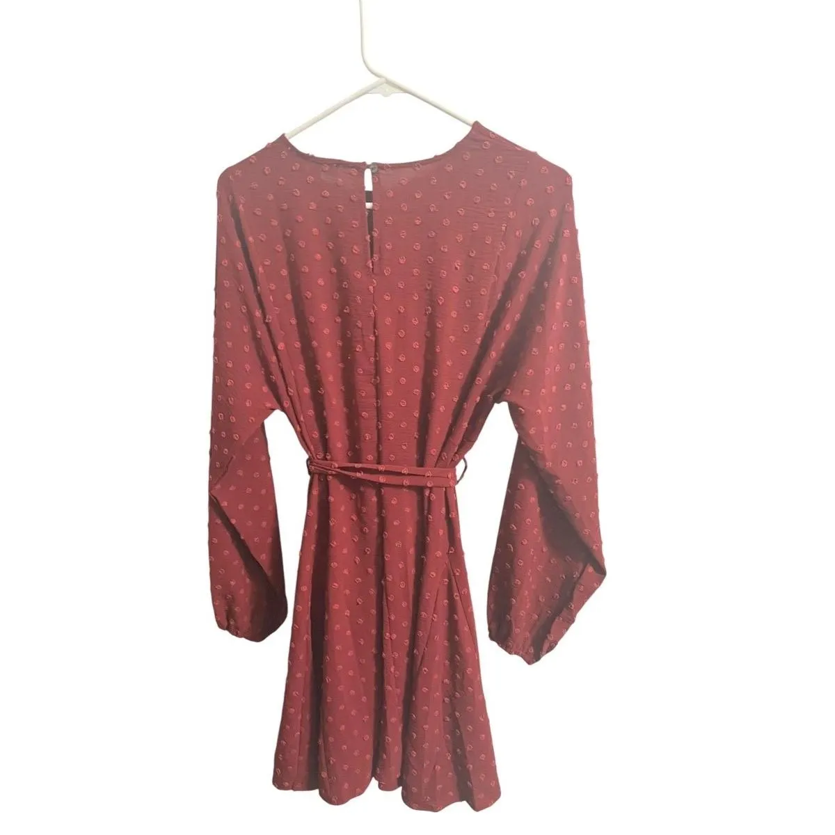 SHE + SKI Long Sleeve Dress Womens S Burgundy Swiss Dot Tie Waist Red - Image 4