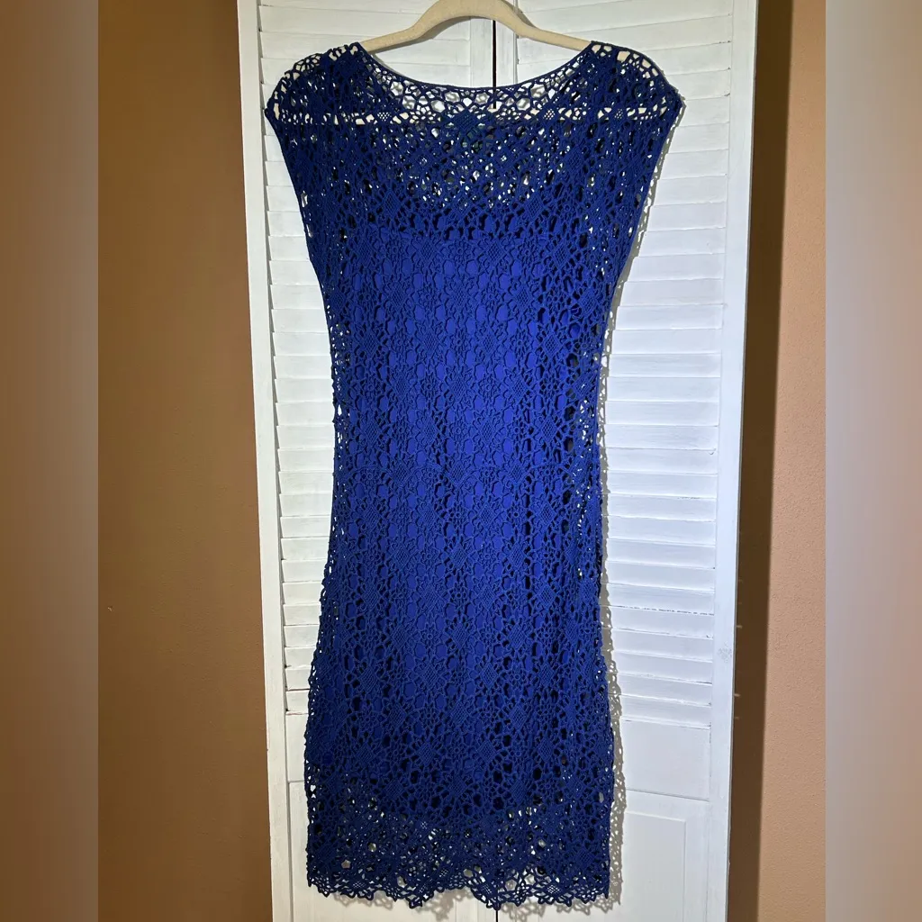 LAUREN by Ralph Lauren size Small cobalt blue crochet lace 2fer sheath dress - Image 4