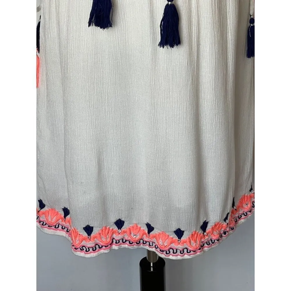 RD & Koko White And Pink Embroidered Rhinestone Tassel Cold Shoulder‎ Dress S - Image 8