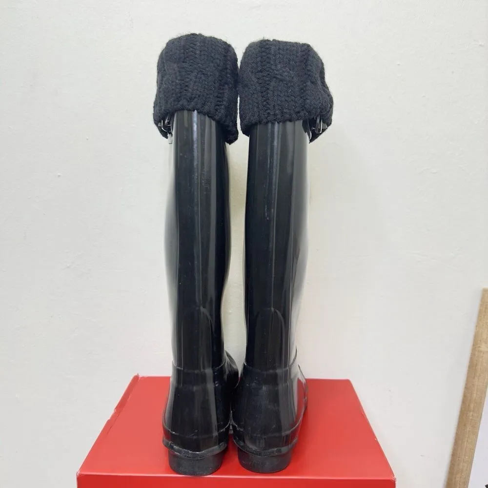 Hunter Original‎ Tall Boot Logo Women's Size 5 Black Gloss Waterproof With Socks - Image 3