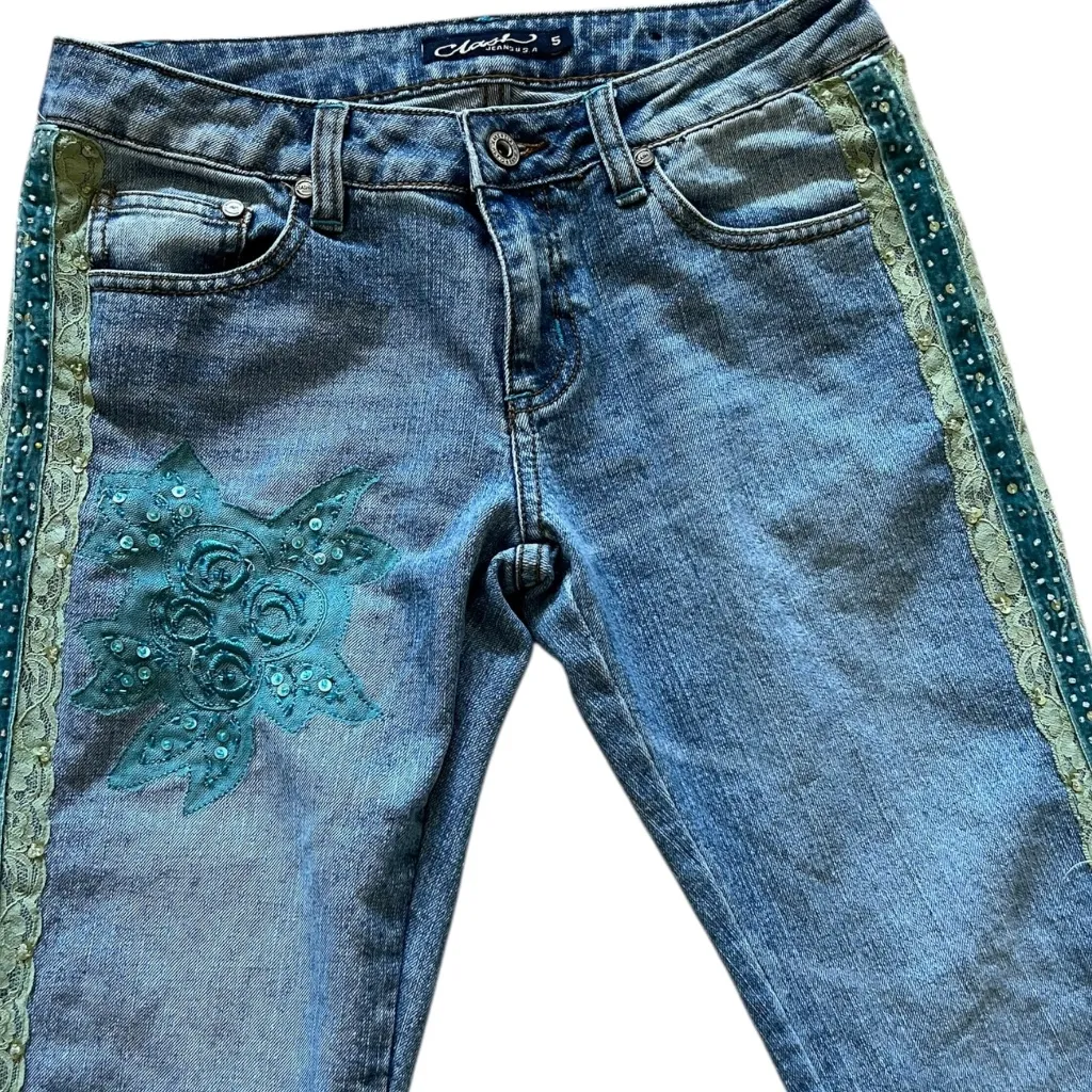 Vintage Y2K Lace Embroidered & Beaded Flare Denim Jeans <3 Sz 5n 28" waist Blue - Image 6