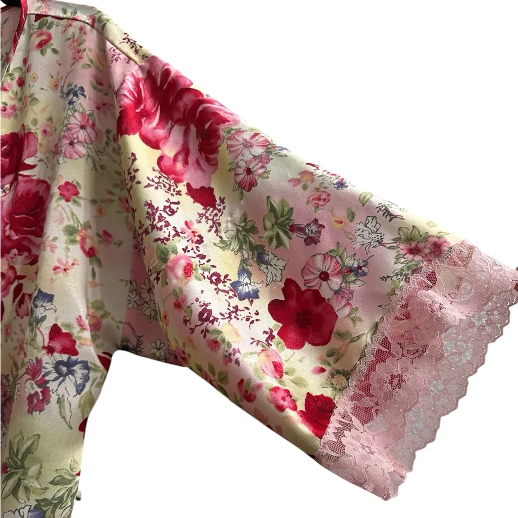Gilligan & O’Malley Vintage Satin Lace Floral Robe Pink Coquette Size Large - Image 5