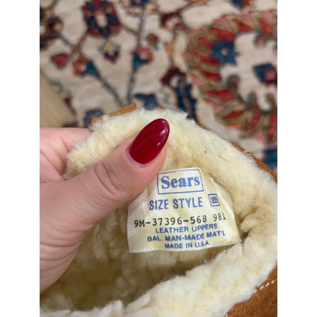 Vintage Sears Suede Shearling Lined Wedge Boots Tan 9M Chunky Heel 70s USA Cozy Size 9 - Image 6