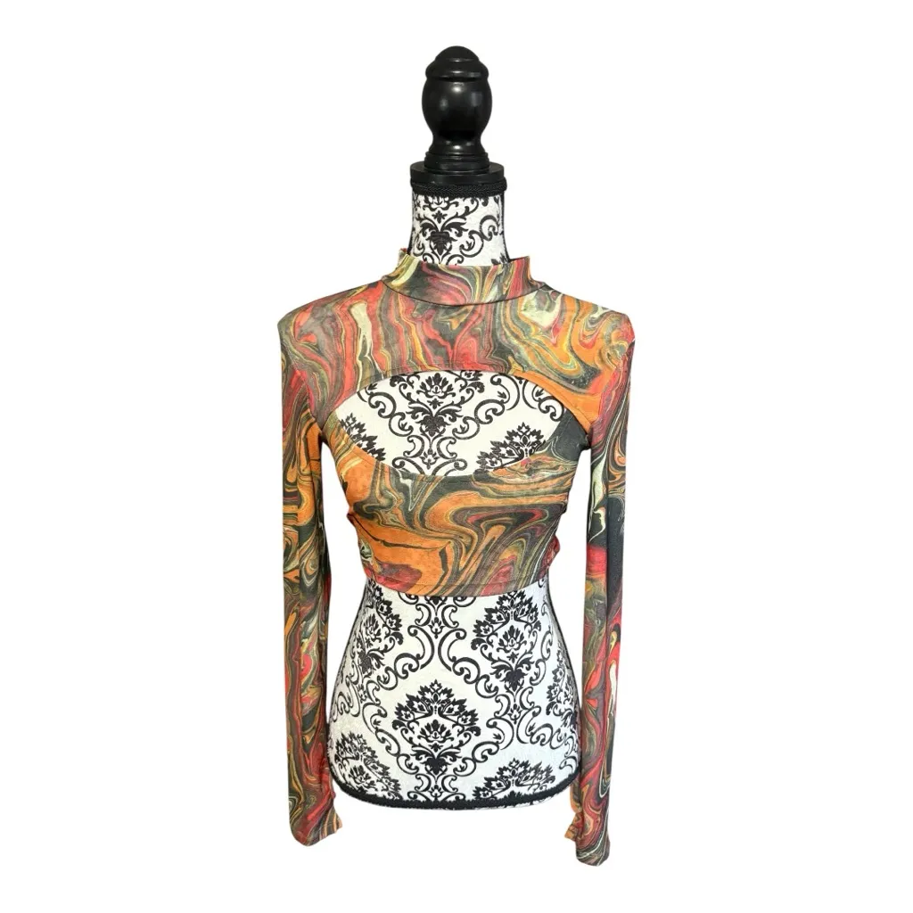 NGORDER Multi Swirl Cut Out Long Sleeve Crop Top Orange - Image 2