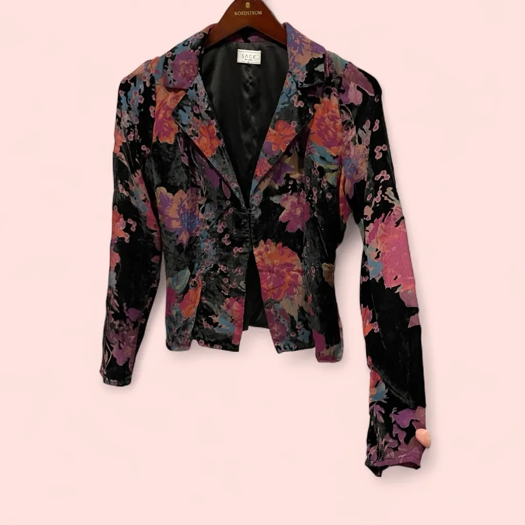 Vintage 90s-Y2K crushed velvet floral whimsigoth lightweight blazer mesh sheer - Image 2