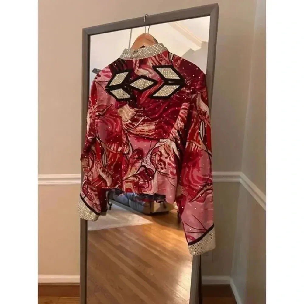 Vintage Bedazzled Bomber Jacket Red Black Rhinestone Sequin - Image 5