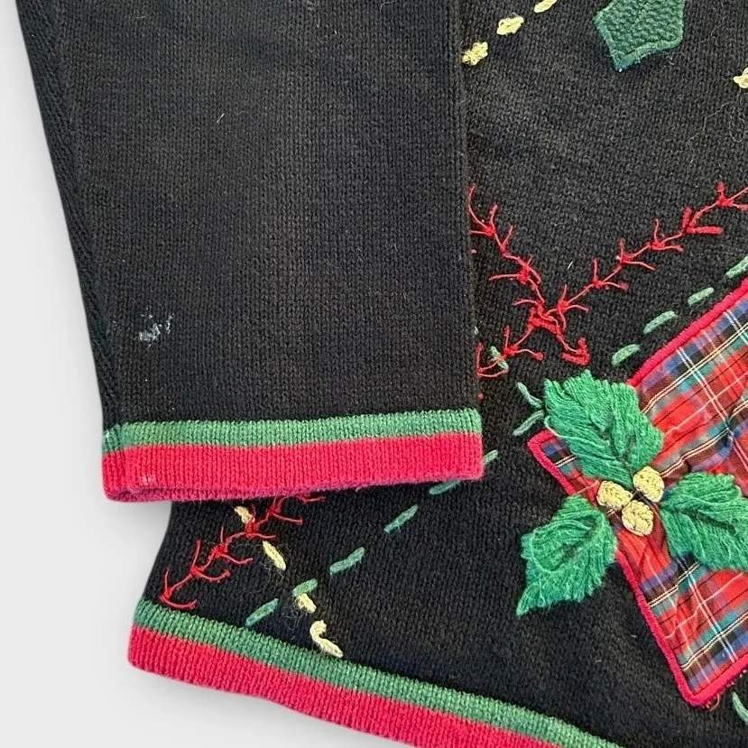 Vintage Holiday Christmas Cardigan Sweater Plaid Basic Editions Women's sz Small Black - Image 4