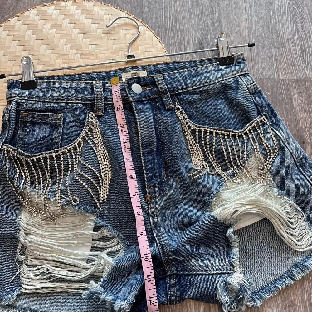 POL‎ denim rhinestone fringe shorts festival cowgirl womens size S - Image 5