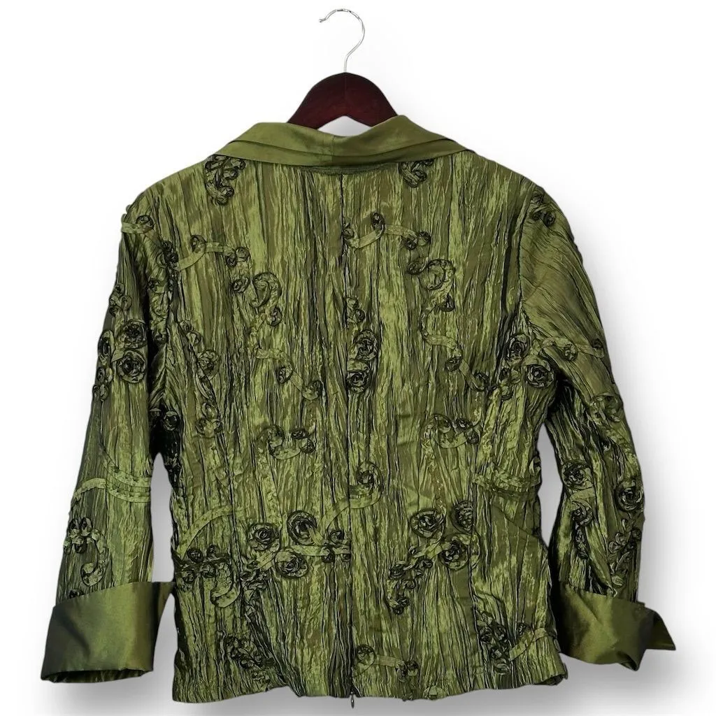 Vintage Victor Costa Women's Green Floral‎ Crinkle Jacket Size 10 Wedding Formal - Image 4