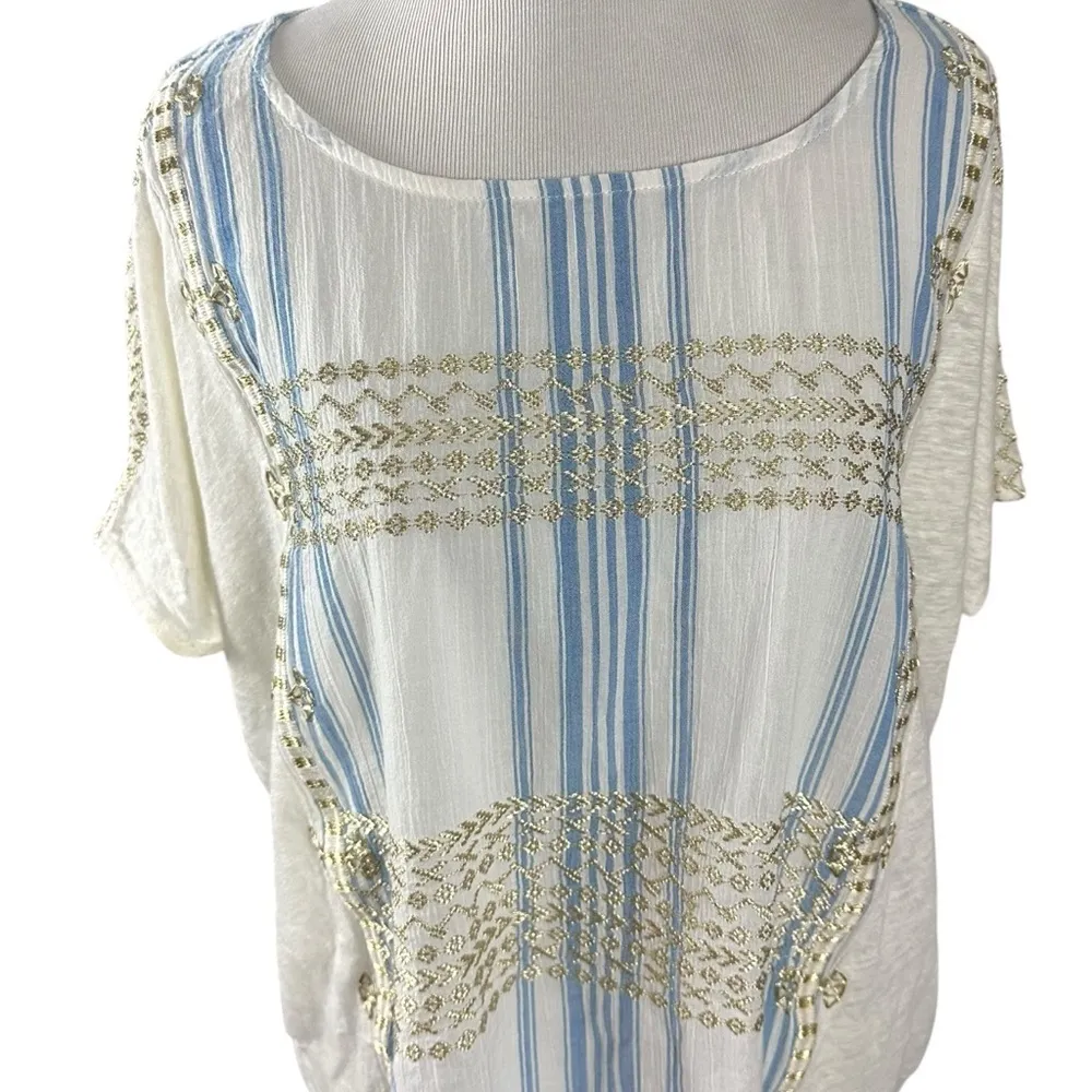 J.Crew Coastal Grandma Bohemian Embroidered Linen Oversized Boxy Tee Large Gold - Image 4