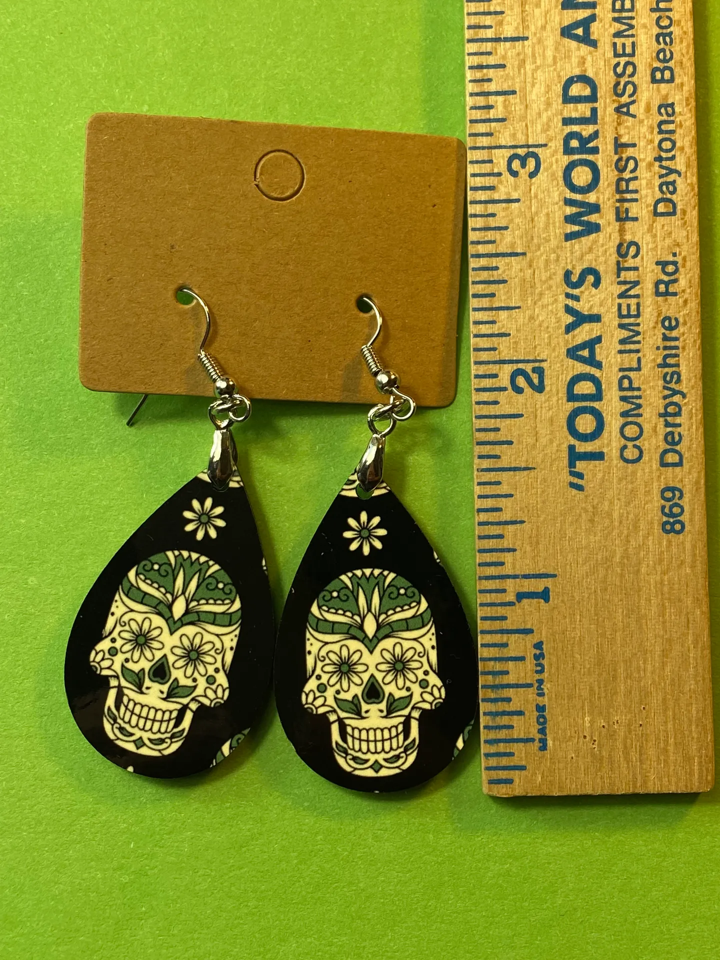 Sugar Skull, Green, Floral, Dangle Pierced Earrings - Image 3