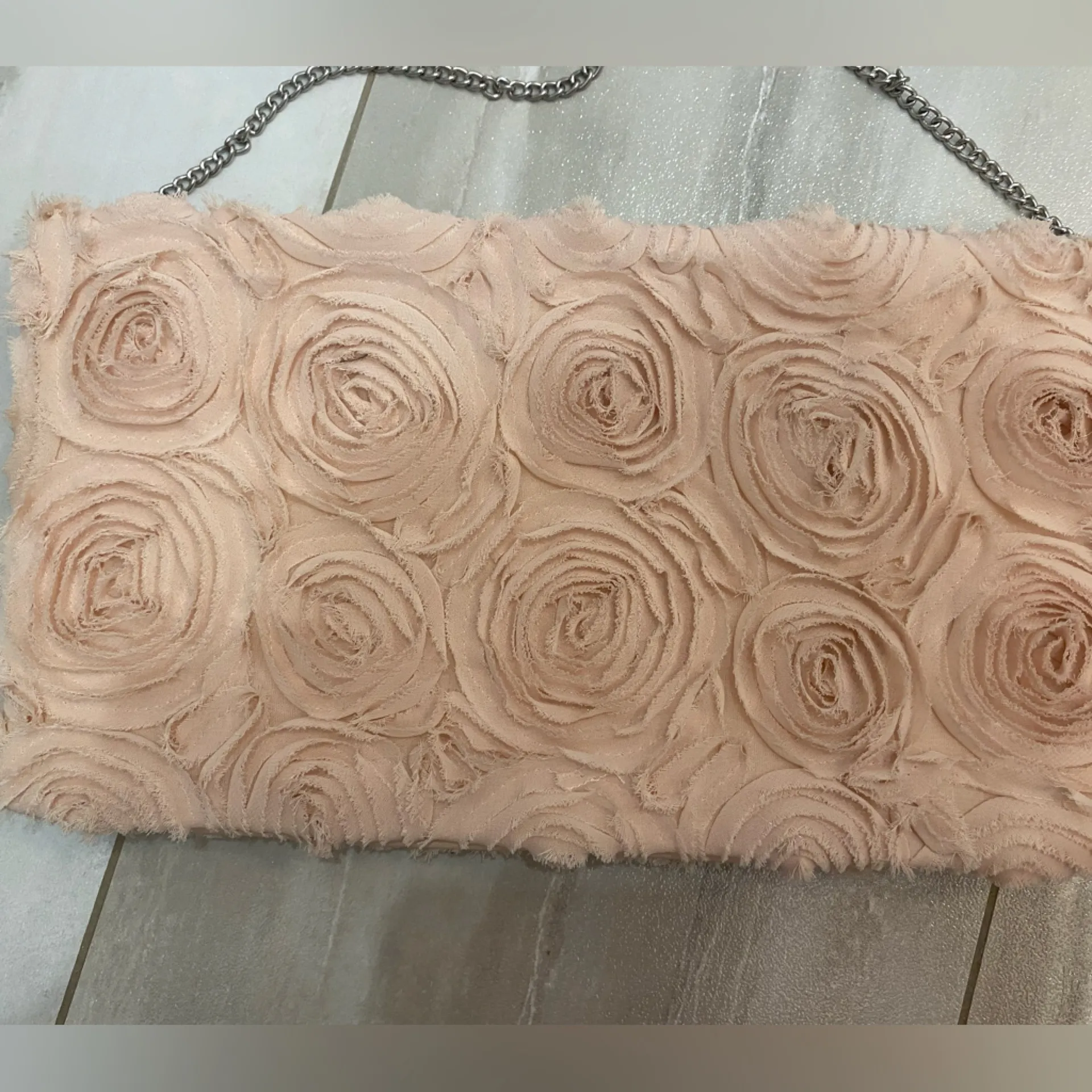 Blush Pink H&M Large Clutch & Shoulder Bag with Rosettes and Metal Chain - Image 7