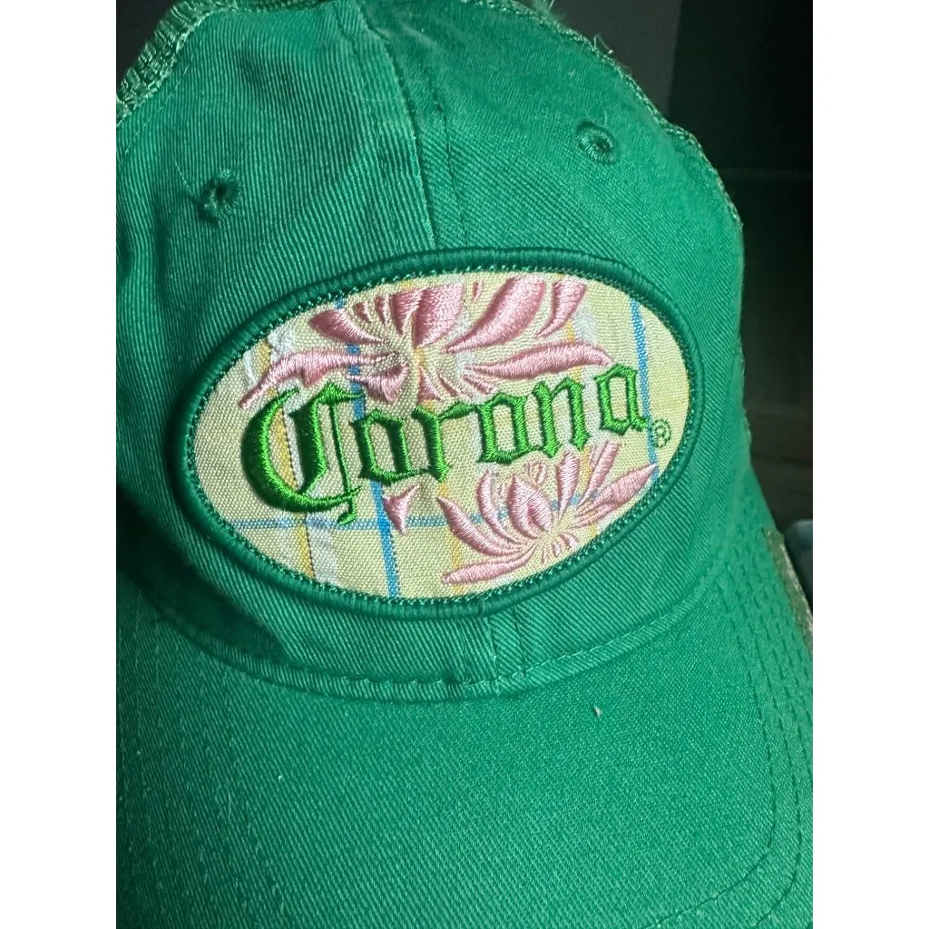 2006 Corona Mas Fina mesh Green pink plaid Adjustable Trucker Hat Yellow - Image 4