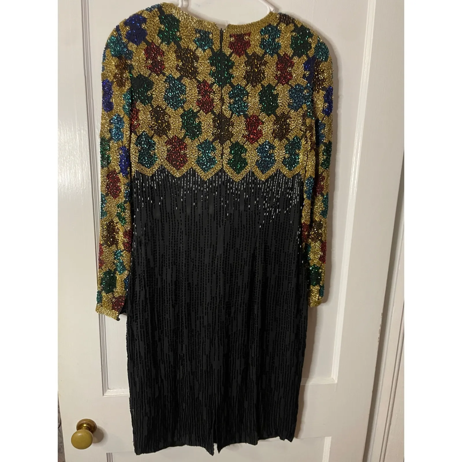 Oleg Cassini Black Tie Beaded Art Deco Long Sleeve Cocktail Dress Size 12 - Image 5