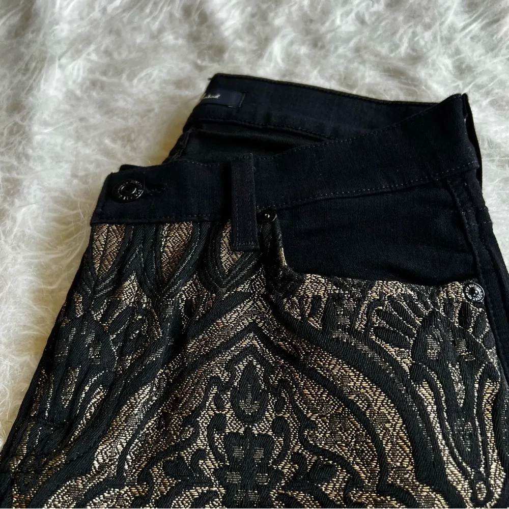 7 for All Mankind Jeans Nouveau Black Gold Metallic Brocade Skinny 26 Party Chic - Image 12