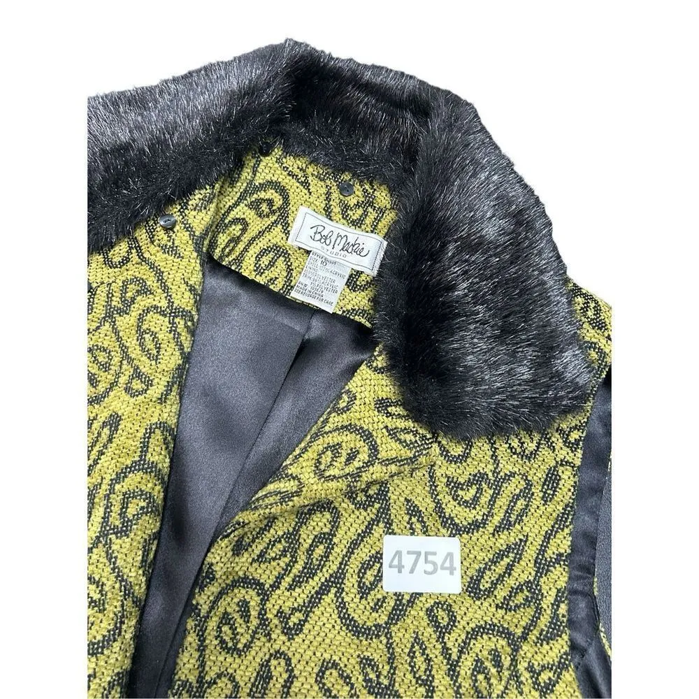 Vtg BOB MACKIE STUDIO green/yellow & Black Tapestry Vest Removable Faux Fur Coll - Image 9