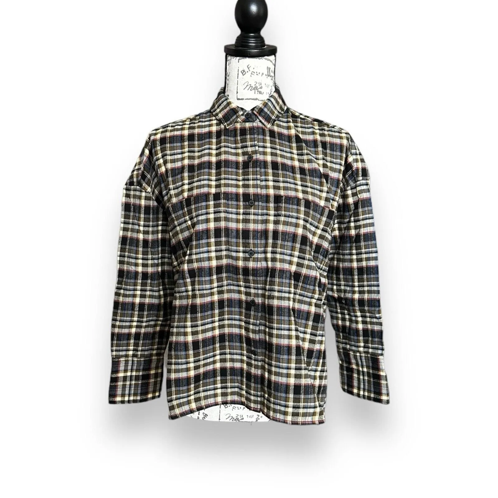 Everlane Boxy Plaid Flannel Shirt Brown Blue XS Cotton - Image 3