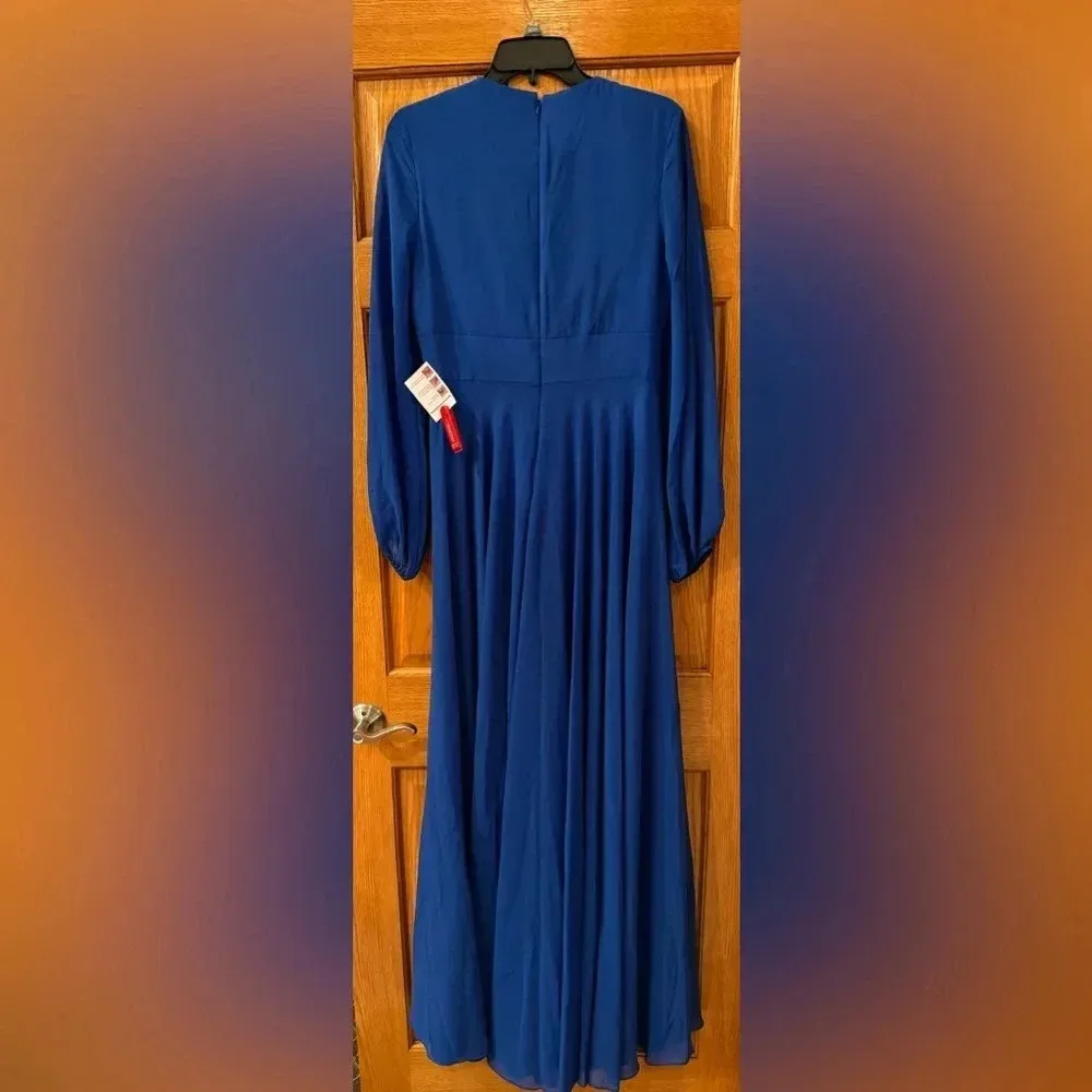 Mac Duggal Blue V-Neck Illusion Long Sleeve Chiffon Gown, 55682, Size 6 (NEW) - Image 5