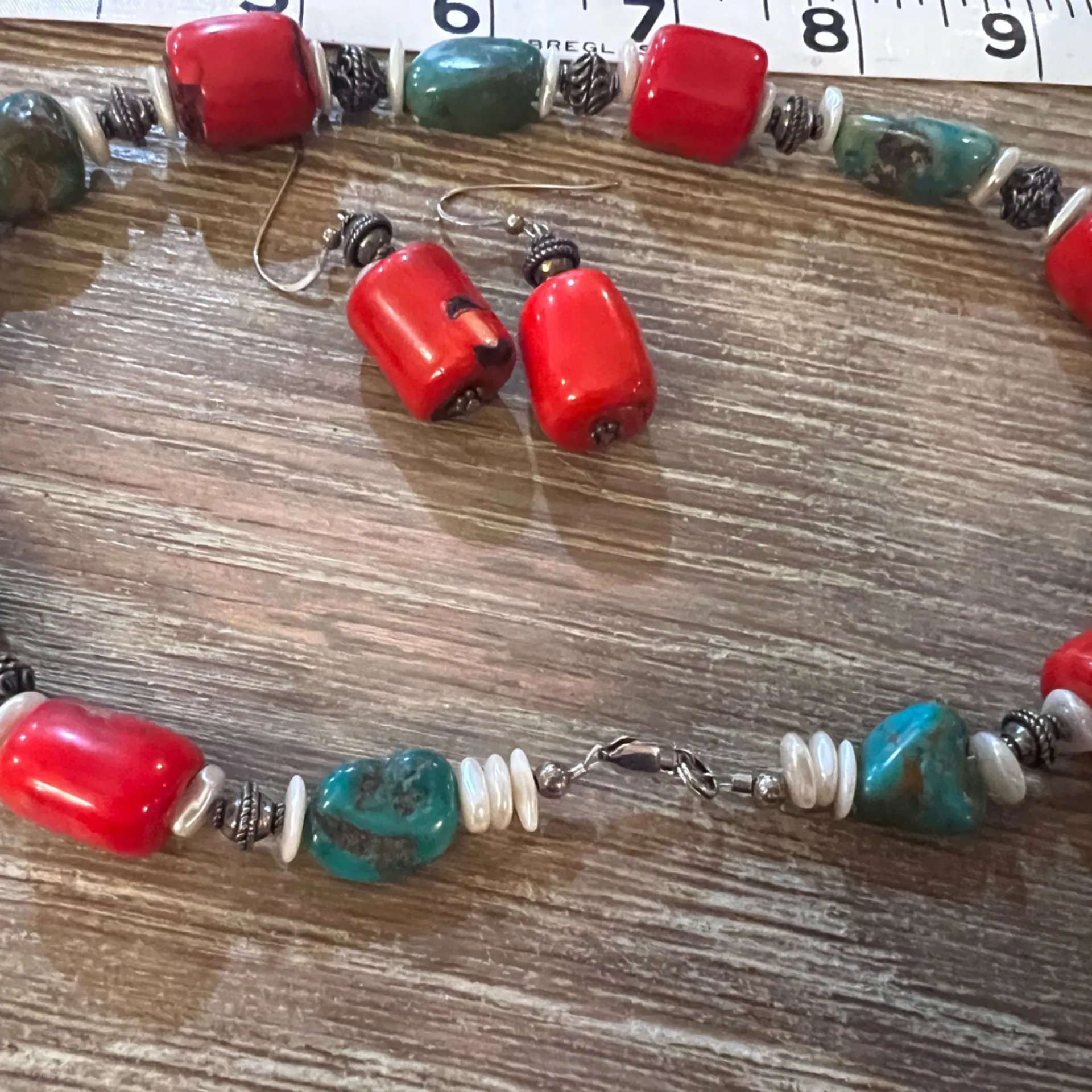 Coral & Turquoise Necklace & Earring Set Red - Image 11