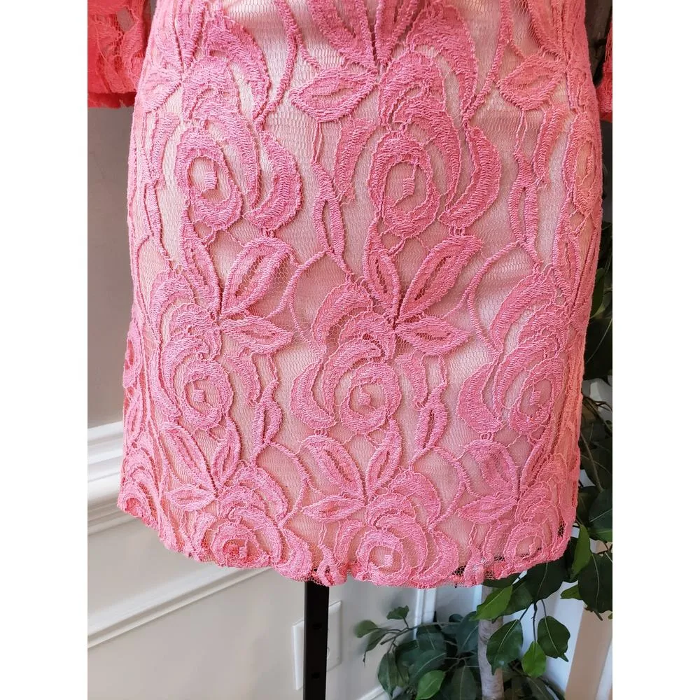 Emma Rose Shift Dress Women's Small Pink Floral Lined Lace Back Zip Round Neck - Image 9