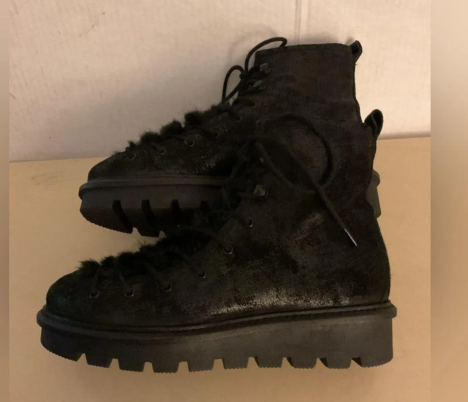 Seychelles women black metallic leather faux fur lace up combat boots size 6 - Image 11