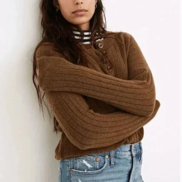 NEW Madewell plus Bowden Henley Sweater in Coziest Yarn, brown, ‎ plus 3X - Image 3