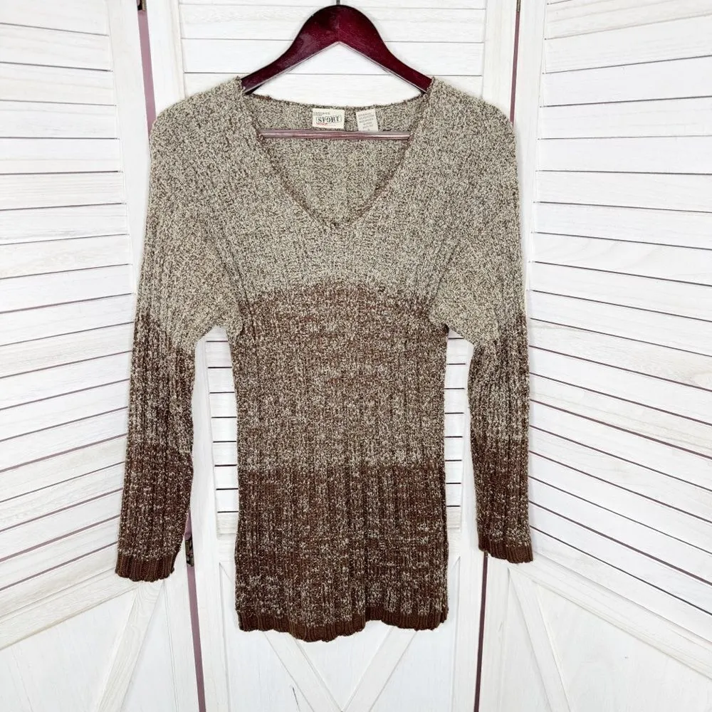 Carriage Court Vintage Marled Ombre Ribbed Knit V Neck Tunic Sweater Brown Small - Image 7