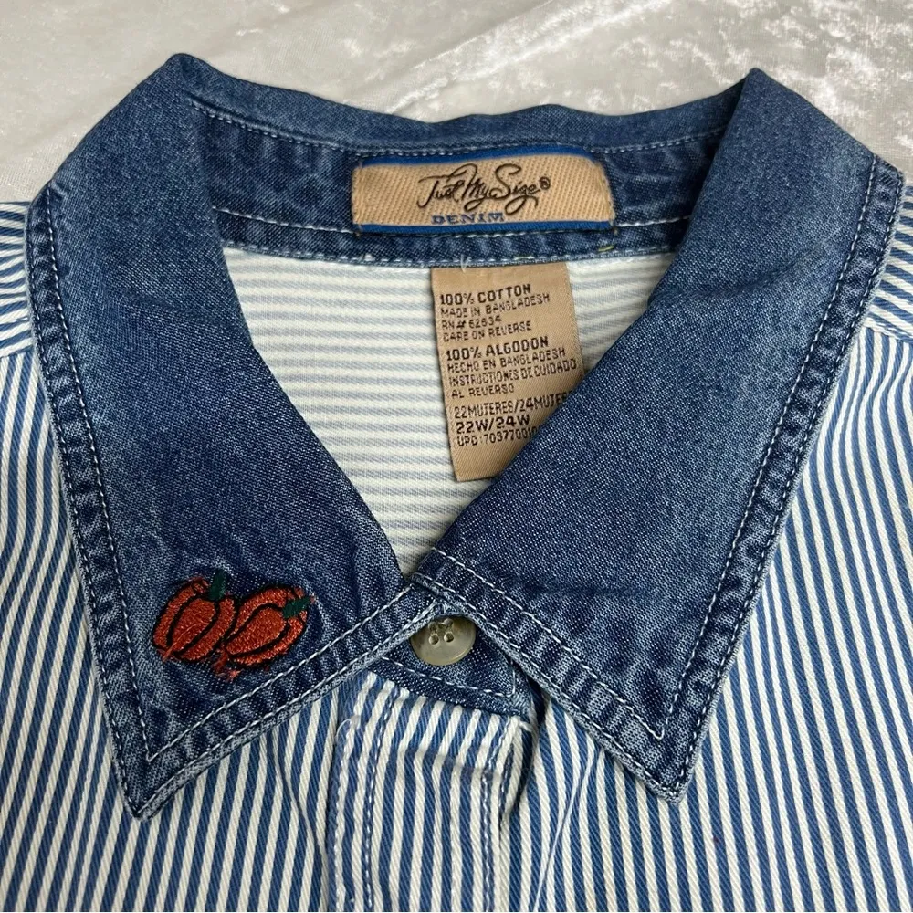 Blue White Stripe top Embroidery 22w/24w 100%cotton county pumpkin denim collar - Image 5