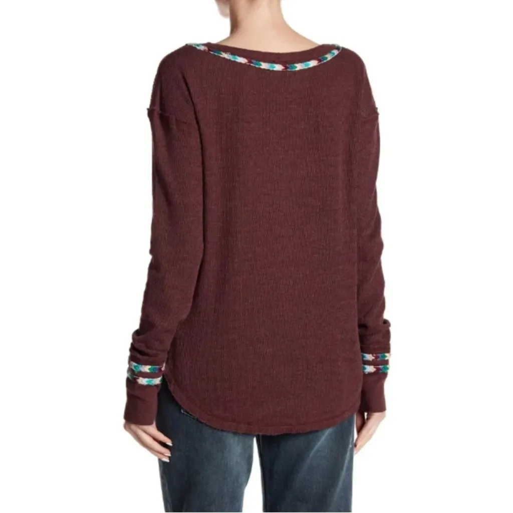 We The Free Maroon Embroidered Rainbow Thermal Henley Top Long Sleeve Plum XS - Image 8