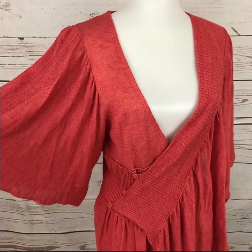 Anthropologie Moth Taupo Coral Red Asymmetrical Ruffle Kimono Cardigan Sweater - Image 39