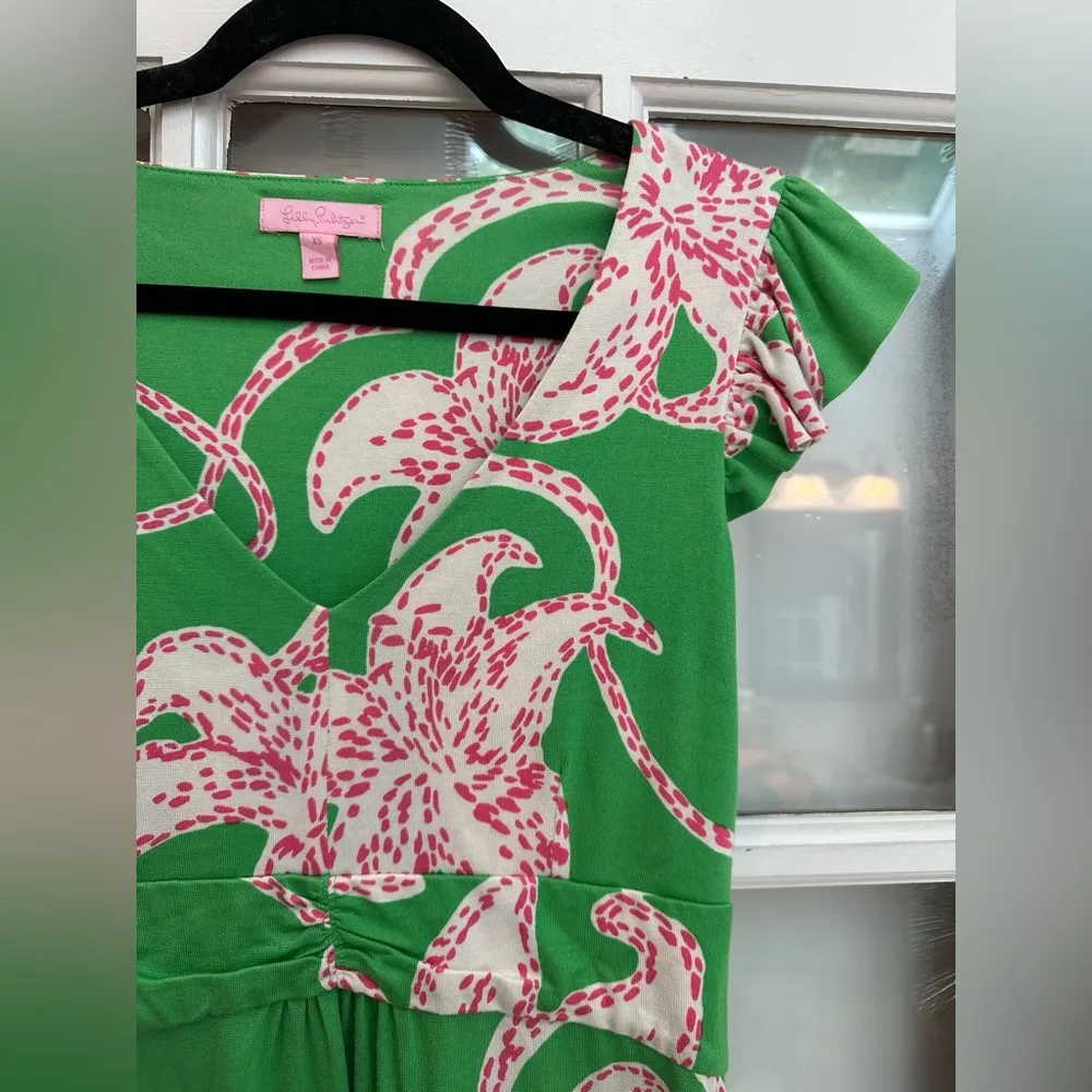 Lily Pulitzer Silk Cotton Green & Pink Hibiscus Floral Sundress Size XS - Image 2